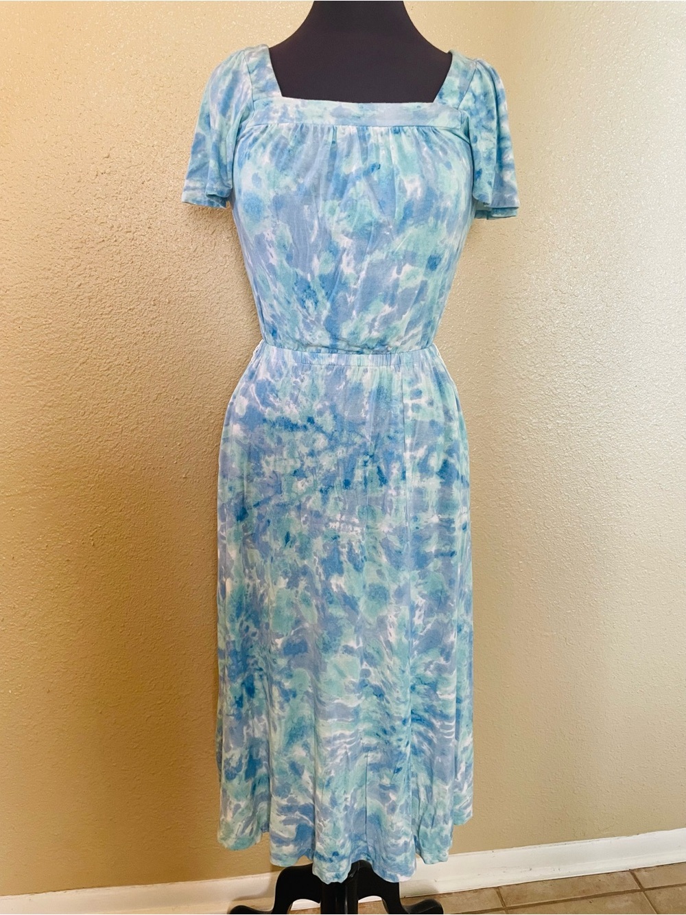 Colleen Lopez Women Blue and Green Tie-Dye Square Neck Midi Dress Size XS